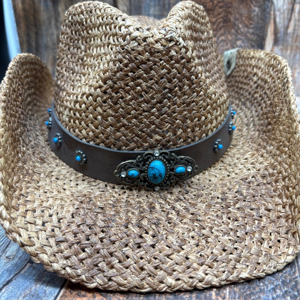 Peter Grimm Straw Cowboy Hat Brown Turquoise Bead Western Drifter - Picture 2 of 8